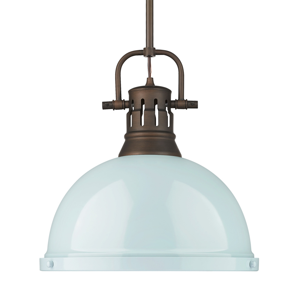 Yep by Golden Lighting Duncan 1-light 14in Rod Hung Pendant in Rubbed Bronze and Seafoam shade